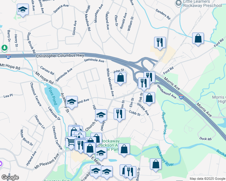 map of restaurants, bars, coffee shops, grocery stores, and more near 30 White Meadow Avenue in Rockaway