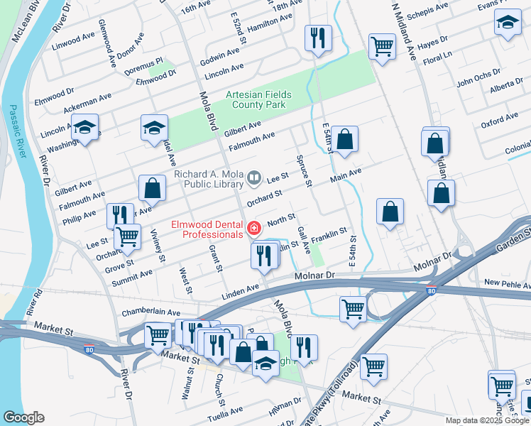 map of restaurants, bars, coffee shops, grocery stores, and more near in Elmwood Park