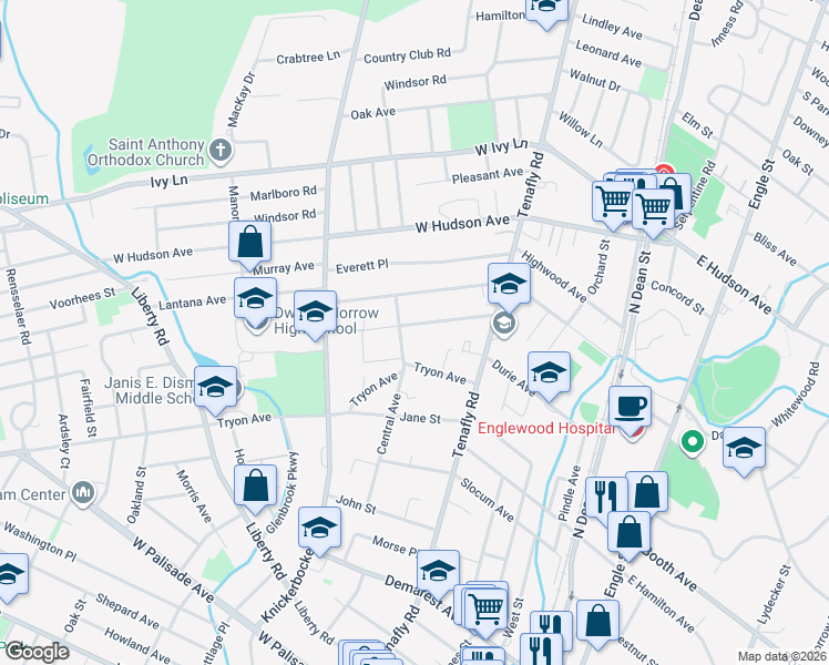 map of restaurants, bars, coffee shops, grocery stores, and more near 185 Saint Nicholas Avenue in Englewood