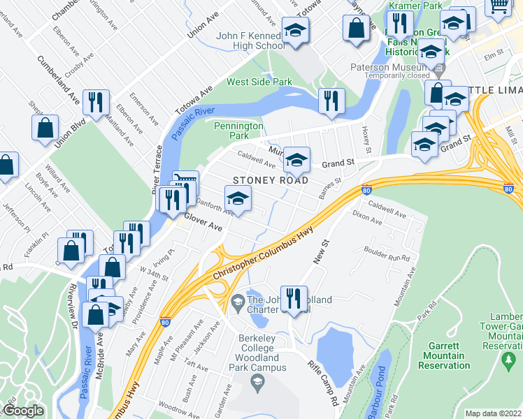 map of restaurants, bars, coffee shops, grocery stores, and more near 130 Webster Avenue in Paterson