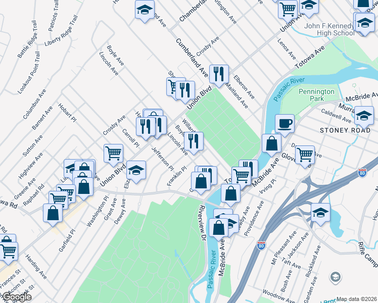 map of restaurants, bars, coffee shops, grocery stores, and more near 104 Boyle Avenue in Totowa