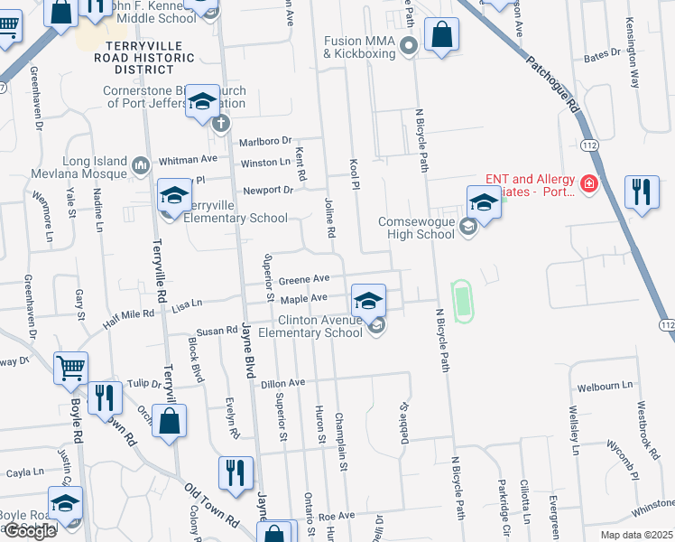 map of restaurants, bars, coffee shops, grocery stores, and more near 127 Greene Avenue in Port Jefferson Station