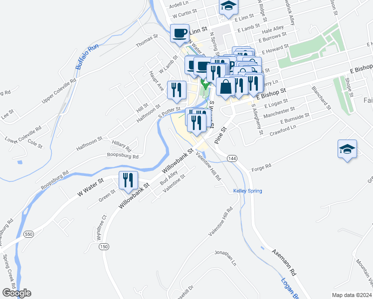 map of restaurants, bars, coffee shops, grocery stores, and more near 431 Willowbank Street in Bellefonte