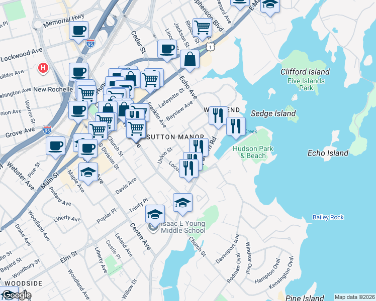 map of restaurants, bars, coffee shops, grocery stores, and more near 126 Franklin Avenue in New Rochelle