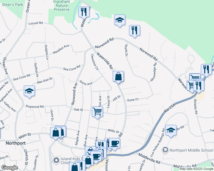 map of restaurants, bars, coffee shops, grocery stores, and more near 90 Chestnut Circle in Northport