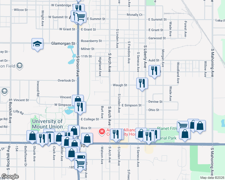 map of restaurants, bars, coffee shops, grocery stores, and more near 321 Waugh Street in Alliance