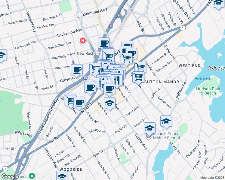 map of restaurants, bars, coffee shops, grocery stores, and more near 575 Main Street in New Rochelle