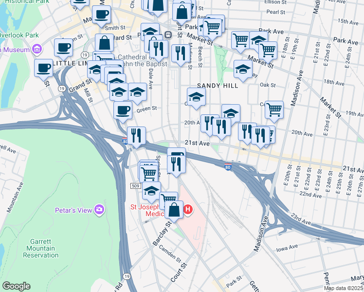 map of restaurants, bars, coffee shops, grocery stores, and more near 188 21st Avenue in Paterson