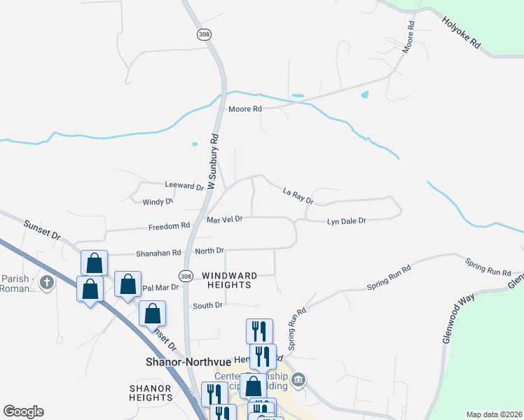 map of restaurants, bars, coffee shops, grocery stores, and more near 104 Pine-Aire Drive in Butler