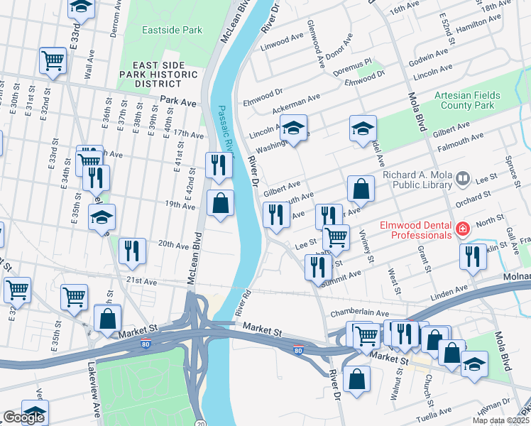 map of restaurants, bars, coffee shops, grocery stores, and more near 15 Falmouth Avenue in Elmwood Park