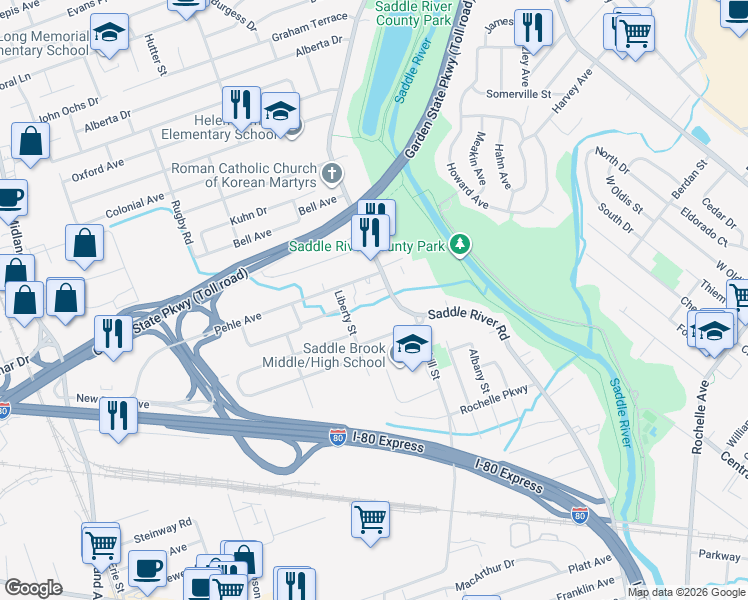 map of restaurants, bars, coffee shops, grocery stores, and more near 16 Pehle Avenue in Saddle Brook