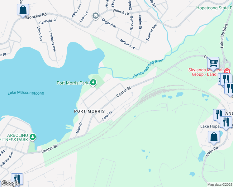 map of restaurants, bars, coffee shops, grocery stores, and more near 258 Center Street in Roxbury Township