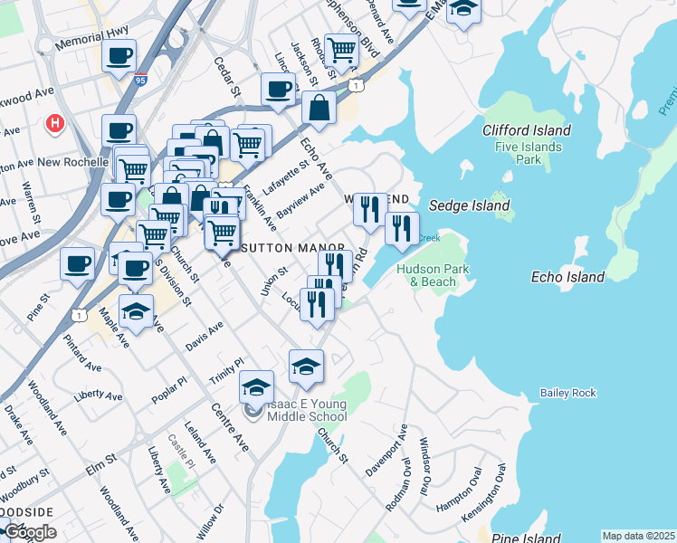 map of restaurants, bars, coffee shops, grocery stores, and more near 23 Park Avenue in New Rochelle
