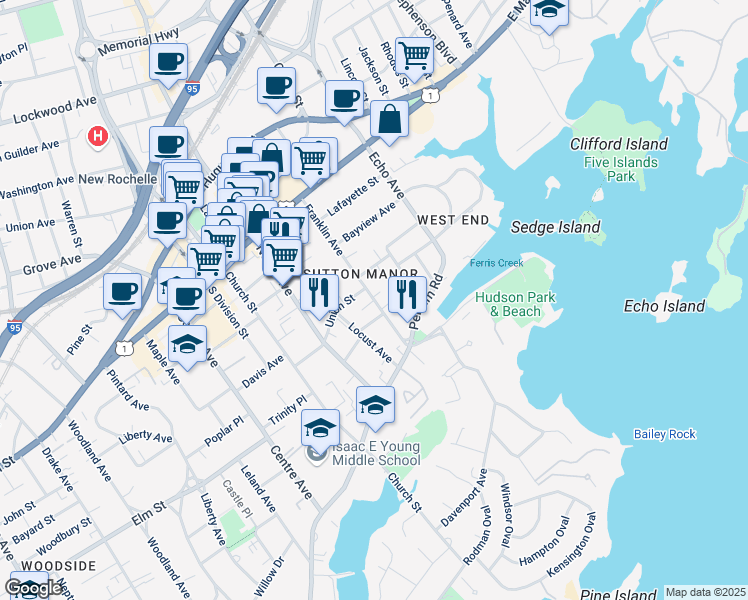 map of restaurants, bars, coffee shops, grocery stores, and more near 99 Franklin Avenue in New Rochelle