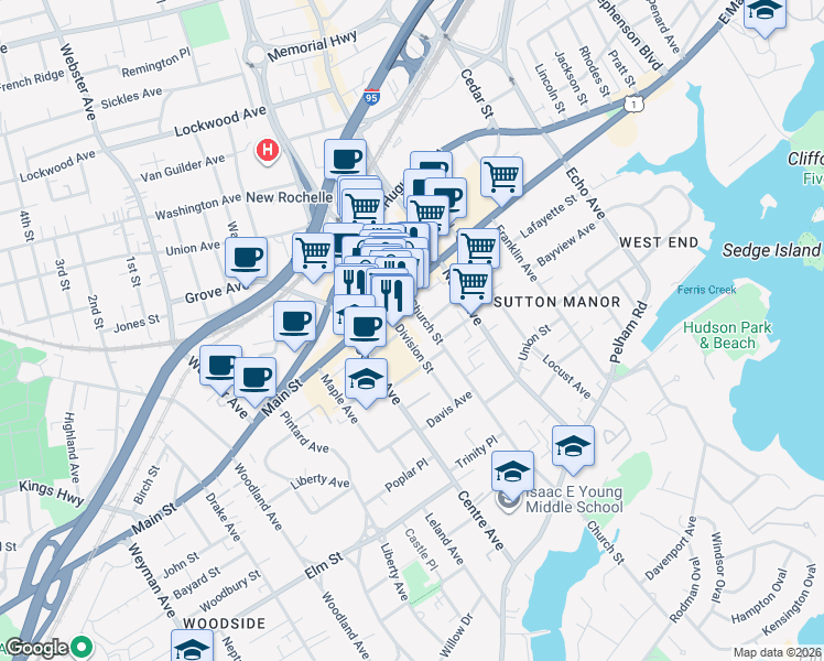 map of restaurants, bars, coffee shops, grocery stores, and more near 522 Main Street in New Rochelle