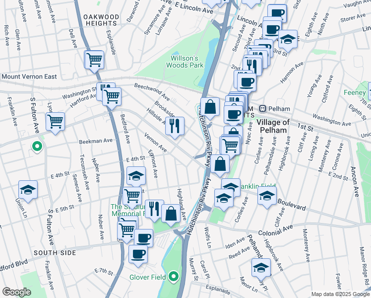 map of restaurants, bars, coffee shops, grocery stores, and more near 209 Hillside Avenue in Mount Vernon