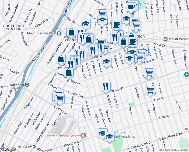 map of restaurants, bars, coffee shops, grocery stores, and more near 53 South 12th Avenue in Mount Vernon