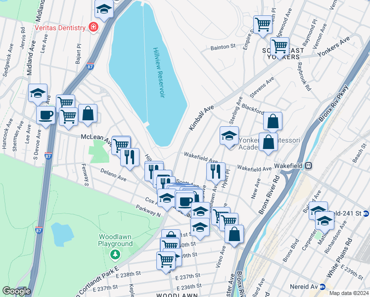 map of restaurants, bars, coffee shops, grocery stores, and more near 130 Kimball Avenue in Yonkers