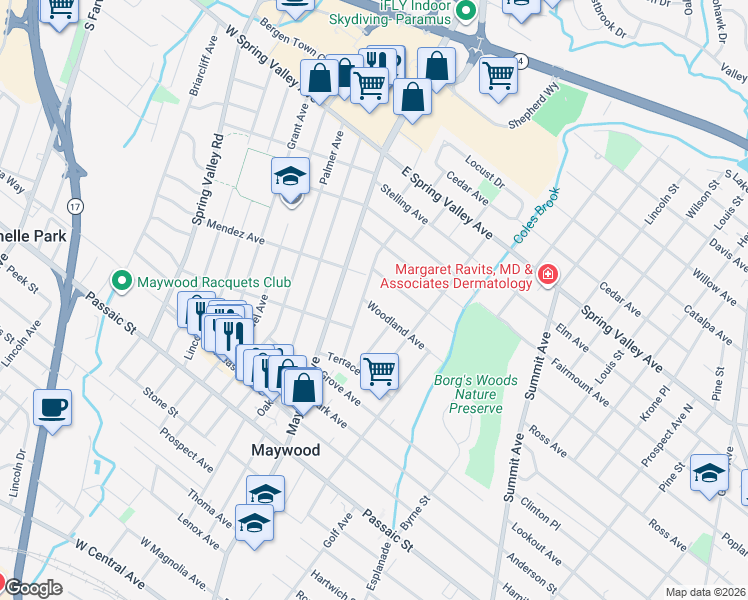 map of restaurants, bars, coffee shops, grocery stores, and more near 36 Lafayette Avenue in Maywood