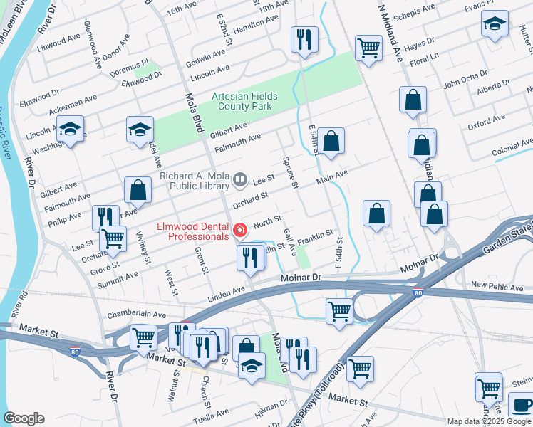 map of restaurants, bars, coffee shops, grocery stores, and more near 105 Gall Court in Elmwood Park