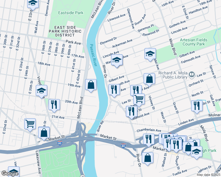 map of restaurants, bars, coffee shops, grocery stores, and more near 15 Falmouth Avenue in Elmwood Park