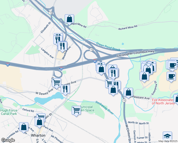 map of restaurants, bars, coffee shops, grocery stores, and more near 111 East Dewey Avenue in Wharton