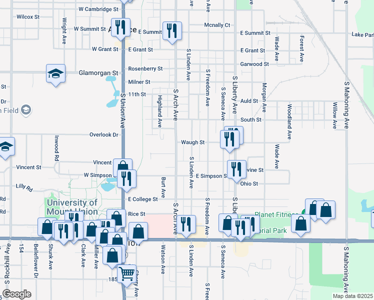 map of restaurants, bars, coffee shops, grocery stores, and more near 321 Waugh Street in Alliance