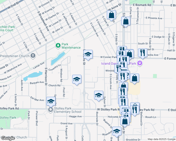 map of restaurants, bars, coffee shops, grocery stores, and more near 1403 South Adams Street in Grand Island