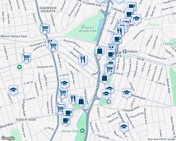map of restaurants, bars, coffee shops, grocery stores, and more near 209 Hillside Avenue in Mount Vernon
