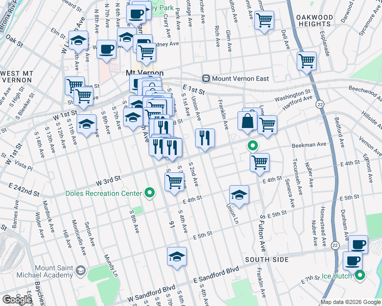 map of restaurants, bars, coffee shops, grocery stores, and more near 148 South 1st Avenue in Mount Vernon