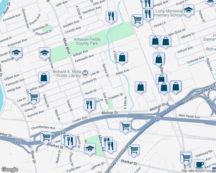 map of restaurants, bars, coffee shops, grocery stores, and more near 51A Spruce Street in Elmwood Park