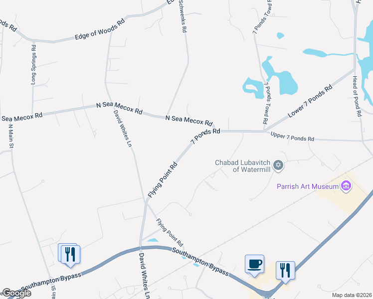 map of restaurants, bars, coffee shops, grocery stores, and more near 38 7 Ponds Road in Water Mill