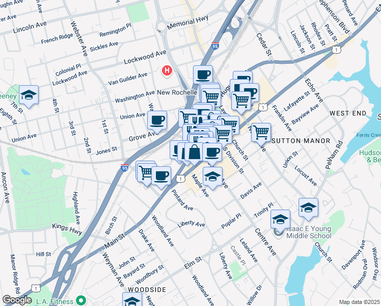 map of restaurants, bars, coffee shops, grocery stores, and more near 360 Huguenot Street in New Rochelle