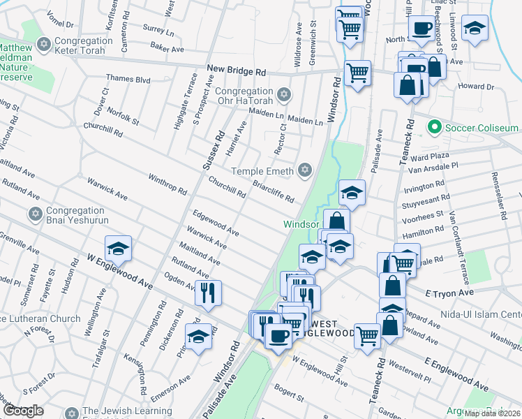 map of restaurants, bars, coffee shops, grocery stores, and more near 309 Churchill Road in Teaneck