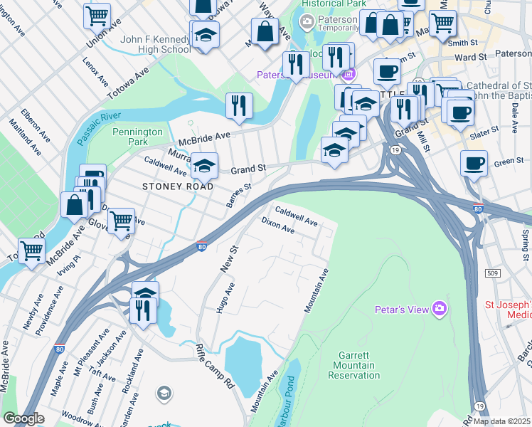 map of restaurants, bars, coffee shops, grocery stores, and more near 116 Turner Street in Paterson