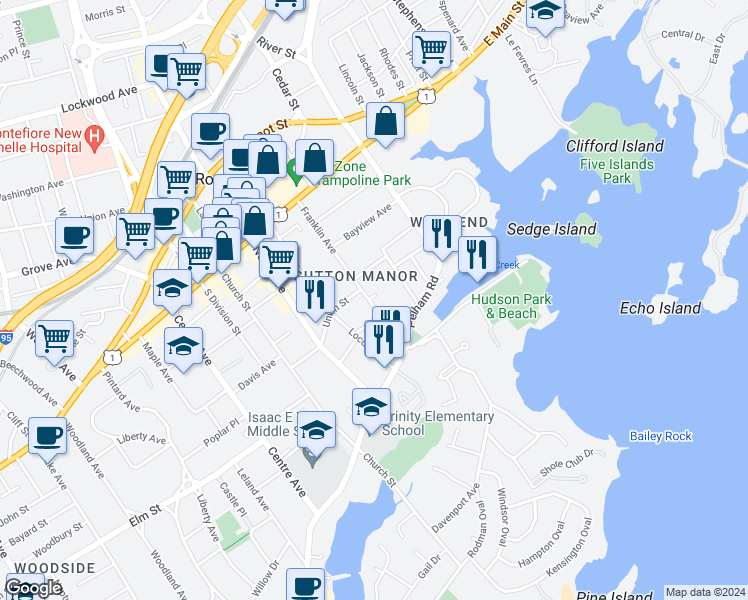 map of restaurants, bars, coffee shops, grocery stores, and more near 114 Franklin Avenue in New Rochelle