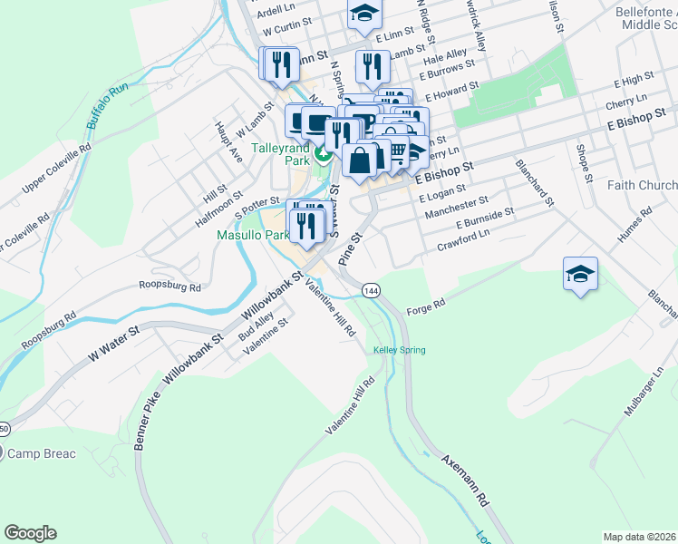 map of restaurants, bars, coffee shops, grocery stores, and more near 395 Pine Street in Bellefonte