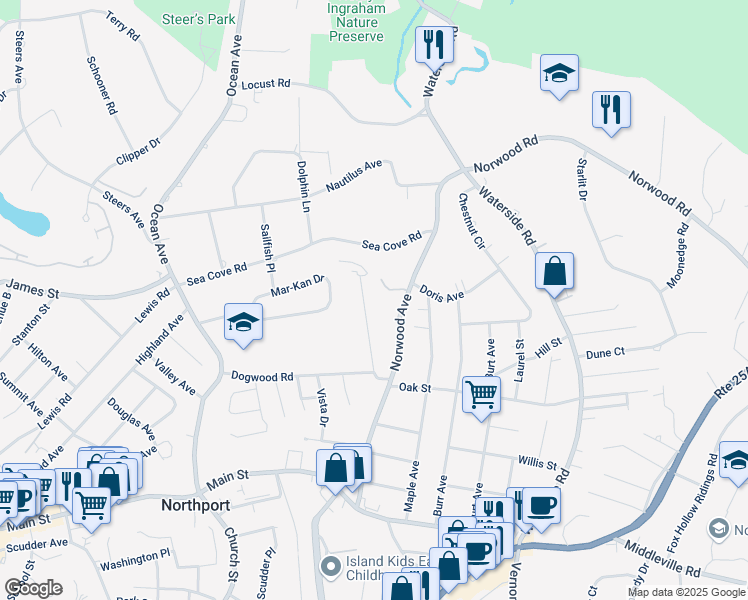 map of restaurants, bars, coffee shops, grocery stores, and more near in Northport