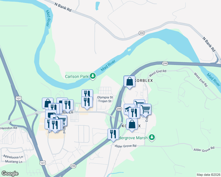 map of restaurants, bars, coffee shops, grocery stores, and more near 4801 Sierra Way in Arcata