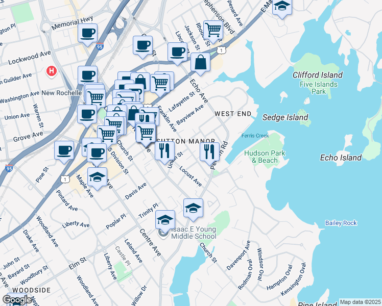 map of restaurants, bars, coffee shops, grocery stores, and more near in New Rochelle