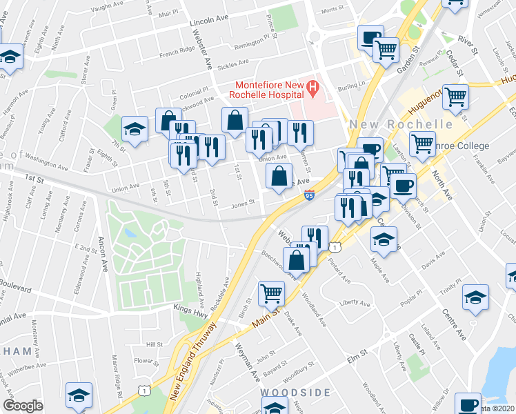 map of restaurants, bars, coffee shops, grocery stores, and more near 128 Webster Avenue in New Rochelle