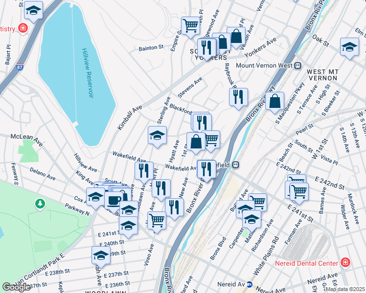 map of restaurants, bars, coffee shops, grocery stores, and more near 185 1st Street in Yonkers