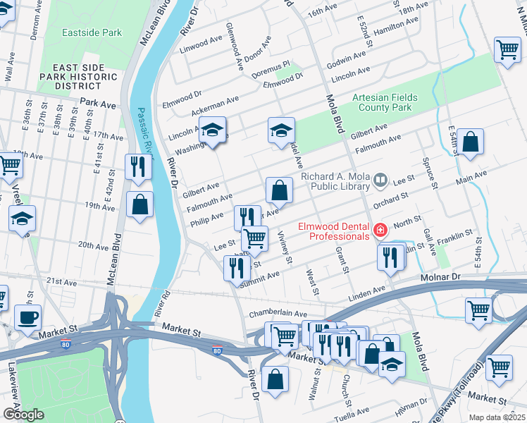 map of restaurants, bars, coffee shops, grocery stores, and more near 102 Philip Avenue in Elmwood Park