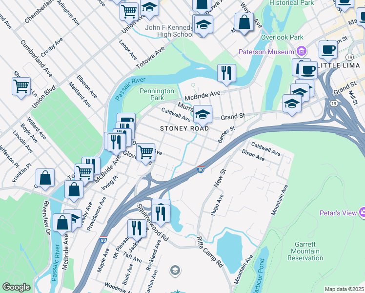 map of restaurants, bars, coffee shops, grocery stores, and more near 120 Carlisle Avenue in Paterson
