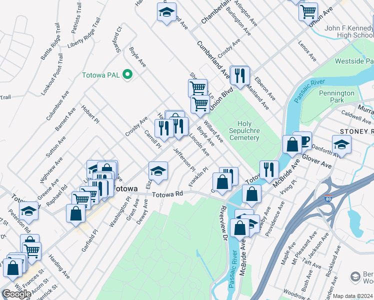 map of restaurants, bars, coffee shops, grocery stores, and more near 27 Elizabeth Place in Totowa