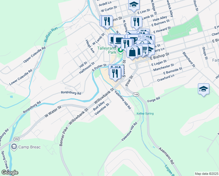map of restaurants, bars, coffee shops, grocery stores, and more near 381 Phoenix Avenue in Bellefonte