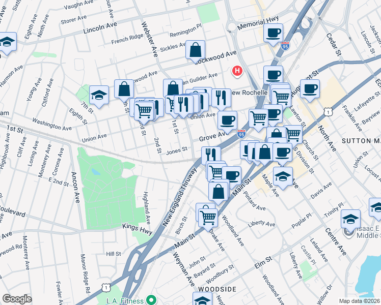 map of restaurants, bars, coffee shops, grocery stores, and more near 128 Webster Avenue in New Rochelle