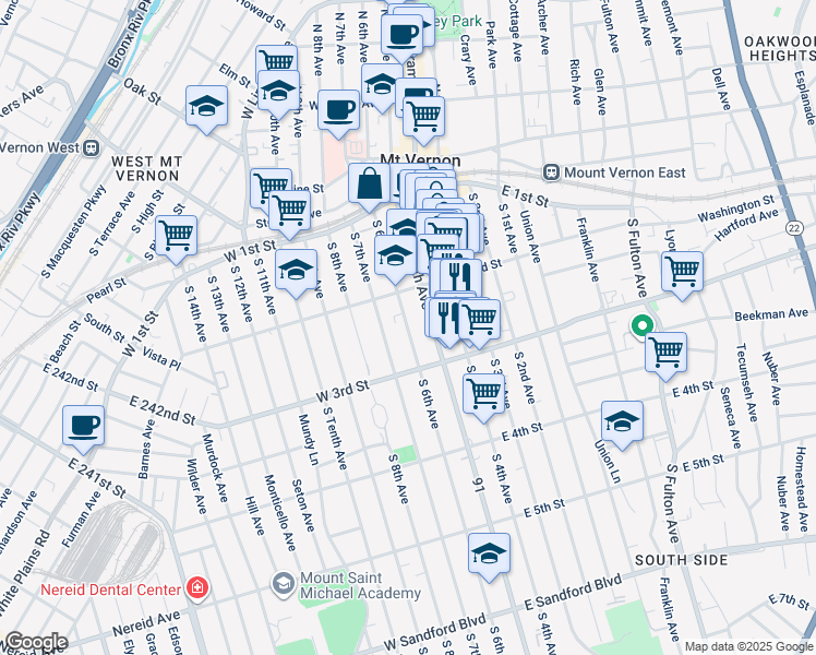map of restaurants, bars, coffee shops, grocery stores, and more near 171 South 6th Avenue in Mount Vernon