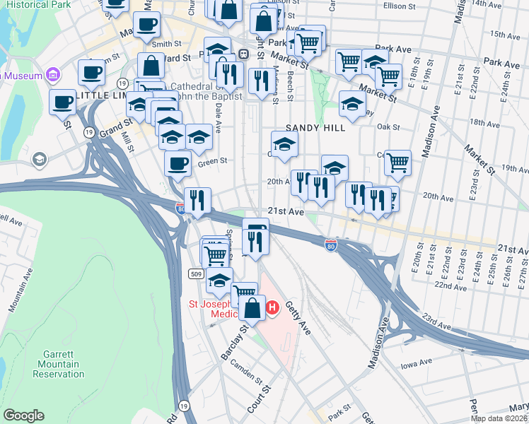 map of restaurants, bars, coffee shops, grocery stores, and more near 195 21st Avenue in Paterson
