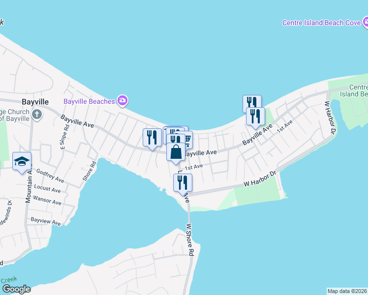 map of restaurants, bars, coffee shops, grocery stores, and more near 11 Sound Beach Road in Bayville
